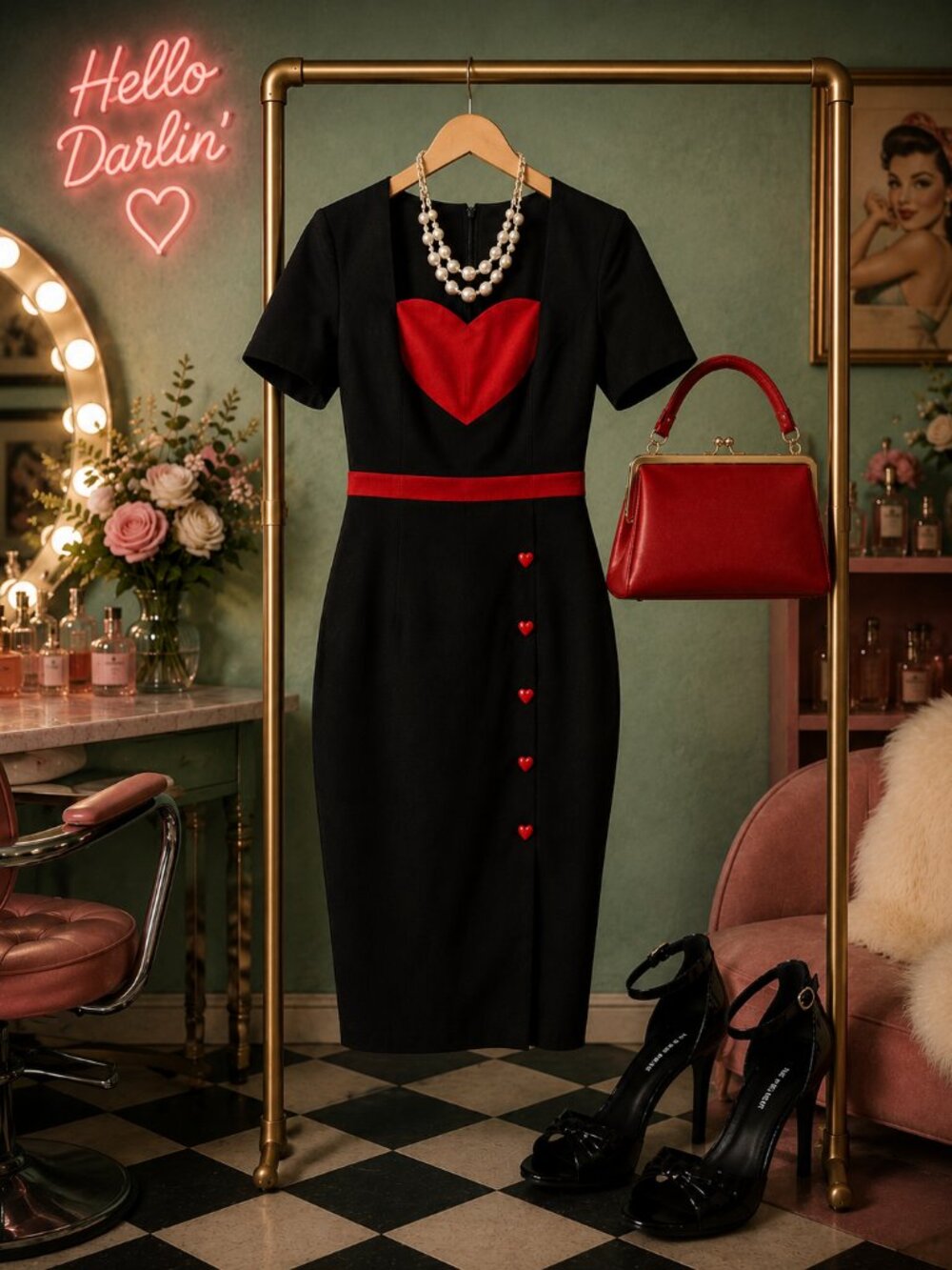 Retro Stage Black & Red Heart Wiggle Dress NWT XL Pinup Rockabilly Valentine